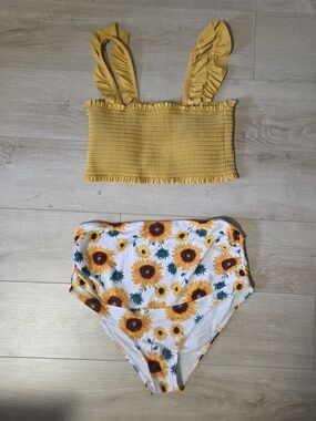 Mustard Ruffle Strap Bikini Top with Sunflower High Waist Bottoms - Maternity